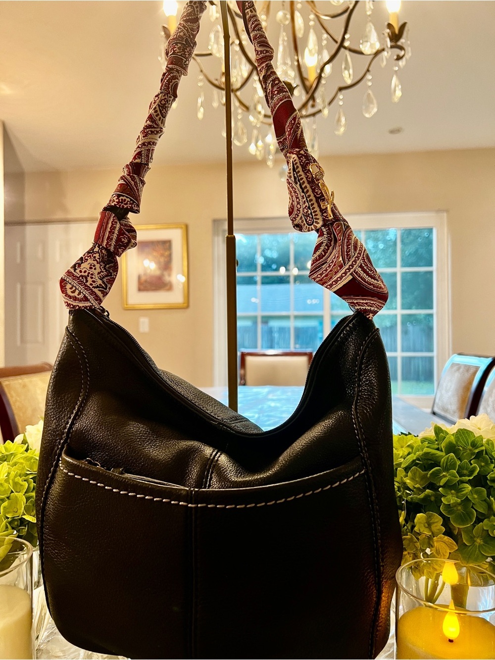 Sak Black Leather Hobo Shoulder Bag Front Zip Pocket Contrast Stitch